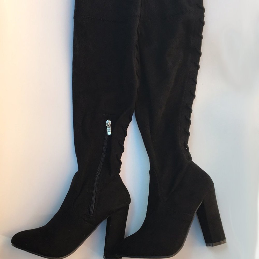 New Lace Up Faux Suede Black Thigh High Boots Sz 7